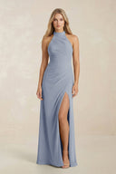 High Neck Chiffon Sheath Ruched Bridesmaid Dress in Twilight - SHE IS ME Bridesmaid Dresses