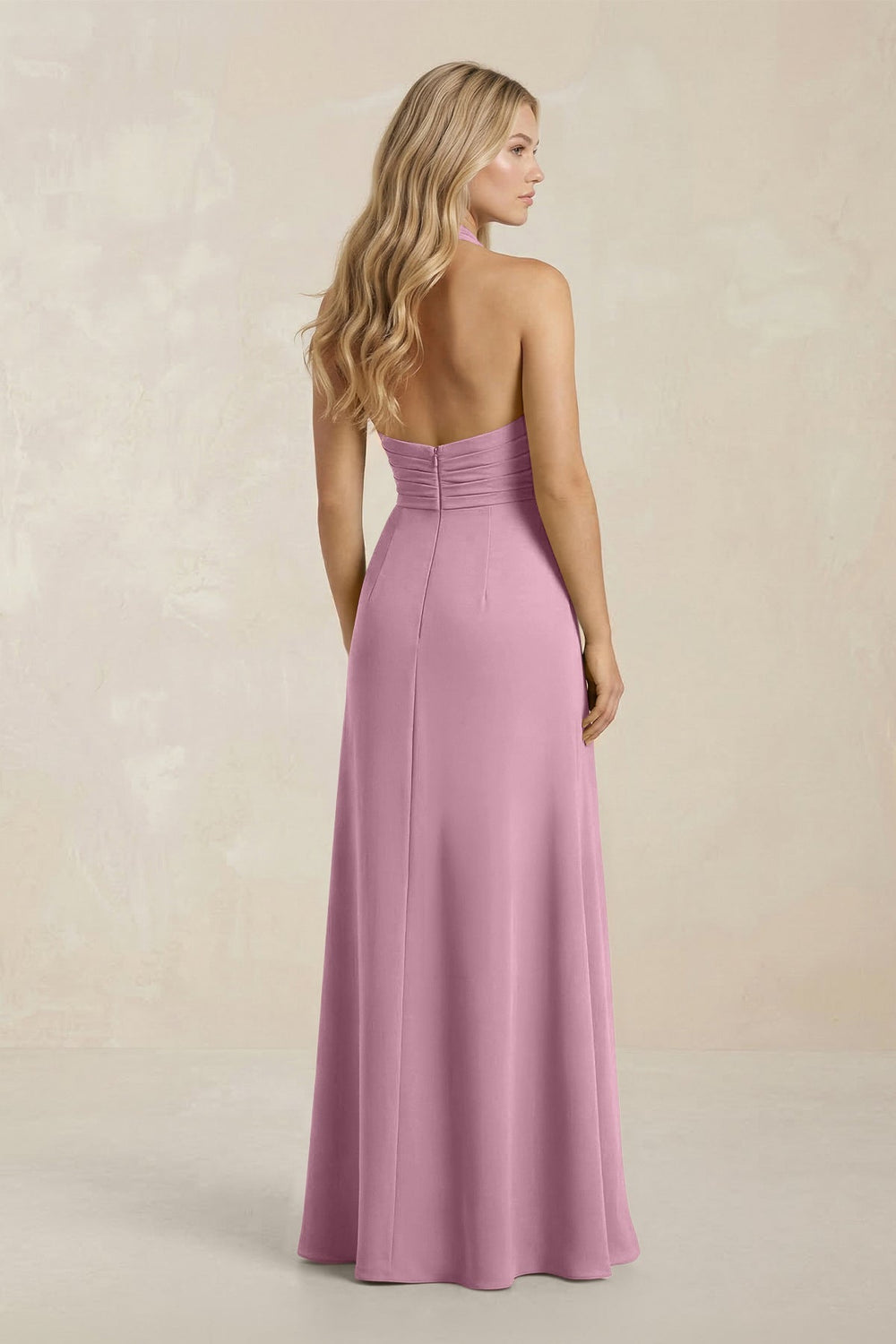High Neck Chiffon Sheath Ruched Bridesmaid Dress in Vintage Mauve - KISS BRIDAL Bridesmaid Dresses
