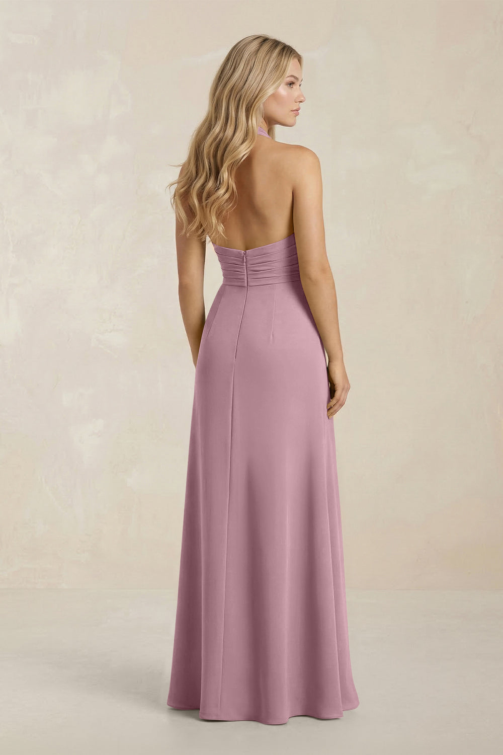 High Neck Chiffon Sheath Ruched Bridesmaid Dress in Vintage Mauve