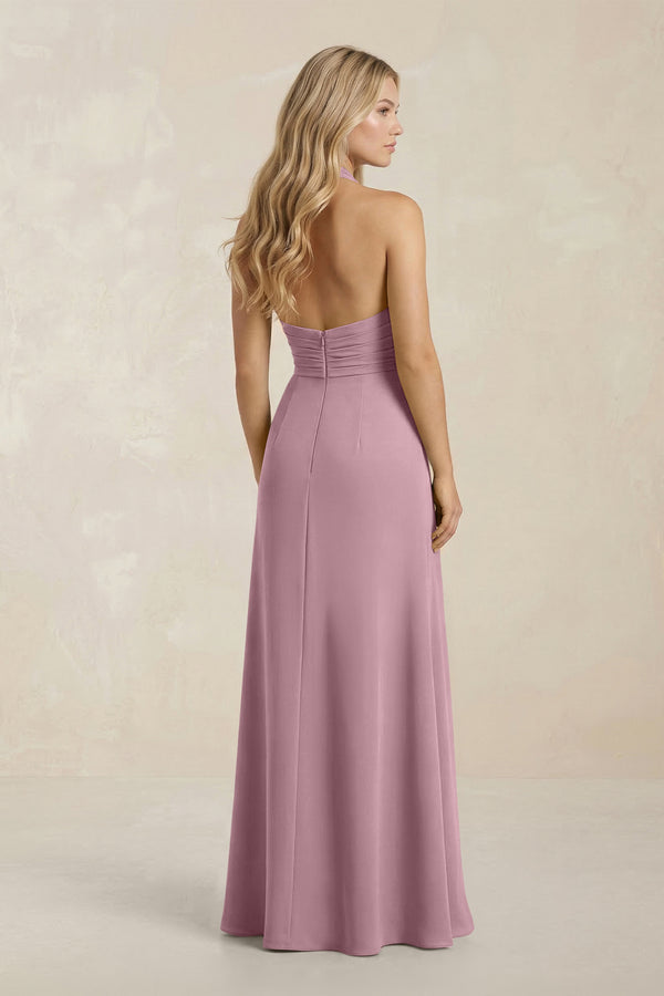 High Neck Chiffon Sheath Ruched Bridesmaid Dress in Vintage Mauve (2) | KISSBRIDAL