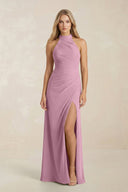 High Neck Chiffon Sheath Ruched Bridesmaid Dress in Vintage Mauve - SHE IS ME Bridesmaid Dresses
