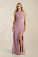 High Neck Chiffon Sheath Ruched Bridesmaid Dress in Vintage Mauve | KISSBRIDAL