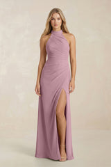 High Neck Chiffon Sheath Ruched Bridesmaid Dress in Vintage Mauve | KISSBRIDAL