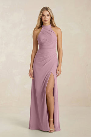 High Neck Chiffon Sheath Ruched Bridesmaid Dress in Vintage Mauve | KISSBRIDAL