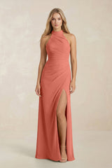 High Neck Chiffon Sheath Ruched Bridesmaid Dress in Wild Rose - KISS BRIDAL Bridesmaid Dresses