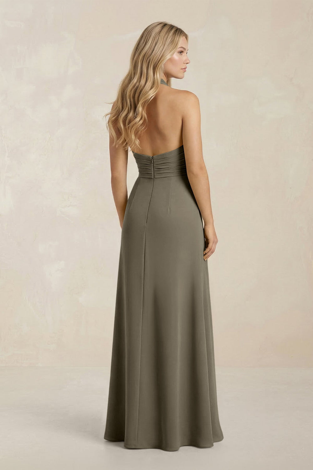 High Neck Chiffon Sheath Ruched Bridesmaid Dress in Willow Green - KISS BRIDAL Bridesmaid Dresses