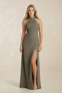 High Neck Chiffon Sheath Ruched Bridesmaid Dress in Willow Green - SHE IS ME Bridesmaid Dresses