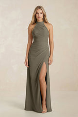 High Neck Chiffon Sheath Ruched Bridesmaid Dress in Willow Green - KISS BRIDAL Bridesmaid Dresses