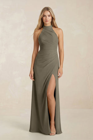 High Neck Chiffon Sheath Ruched Bridesmaid Dress in Willow Green - SHE IS ME Bridesmaid Dresses