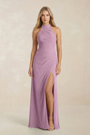 High Neck Chiffon Sheath Ruched Bridesmaid Dress in Wisteria - SHE IS ME Bridesmaid Dresses