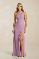 High Neck Chiffon Sheath Ruched Bridesmaid Dress in Wisteria - KISS BRIDAL Bridesmaid Dresses