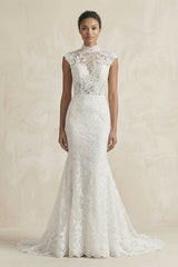 High - Neck Lace Mermaid Cap Sleeve Wedding Dress in White - KISS BRIDAL Wedding Dresses