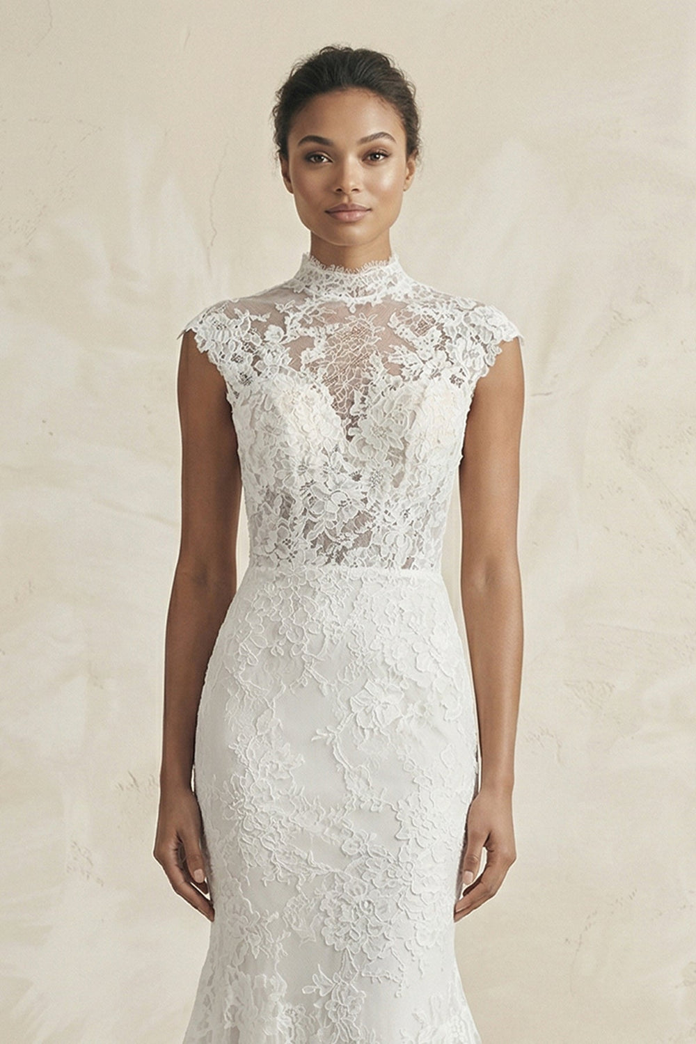 High - Neck Lace Mermaid Cap Sleeve Wedding Dress in White - KISS BRIDAL Wedding Dresses