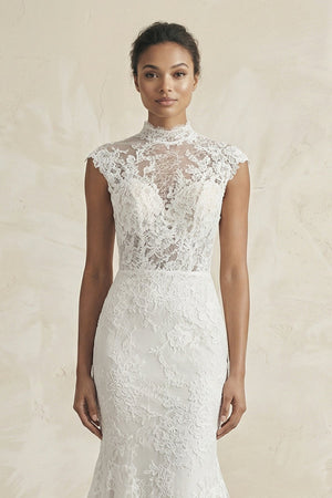 High - Neck Lace Mermaid Cap Sleeve Wedding Dress in White - SHE IS ME Wedding Dresses