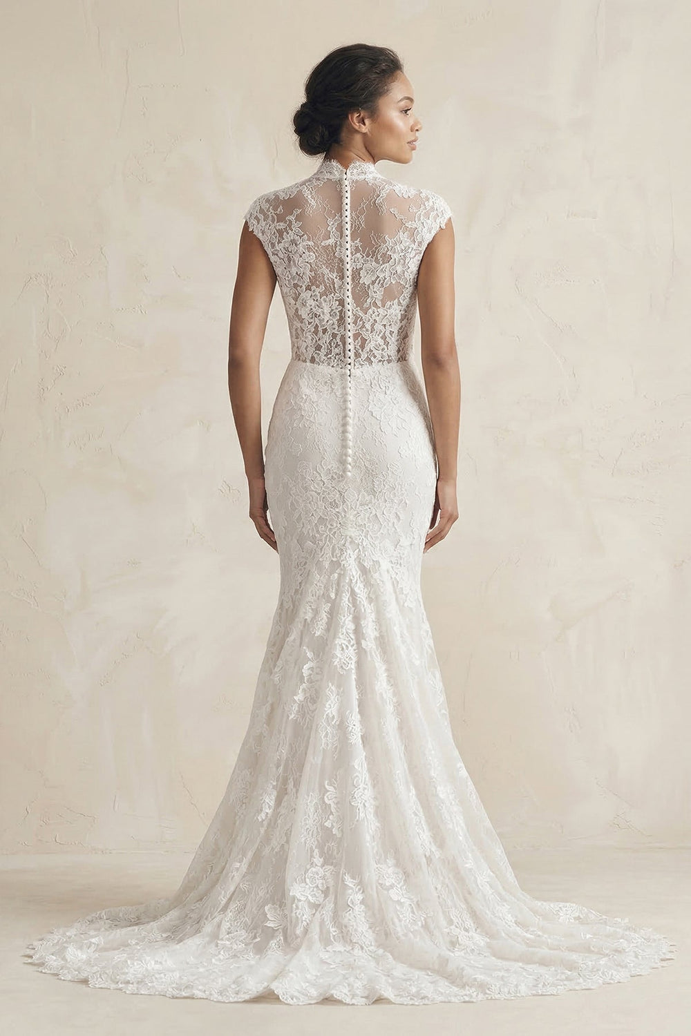 High - Neck Lace Mermaid Cap Sleeve Wedding Dress in White - KISS BRIDAL Wedding Dresses
