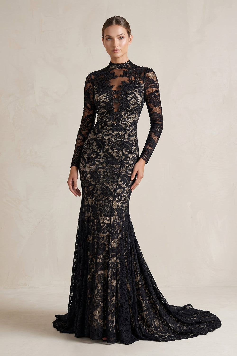 High - Neck Lace Mermaid Wedding Dress With Sleeves in Black - KISS BRIDAL Wedding Dresses
