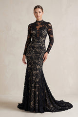 High - Neck Lace Mermaid Wedding Dress With Sleeves in Black - KISS BRIDAL Wedding Dresses