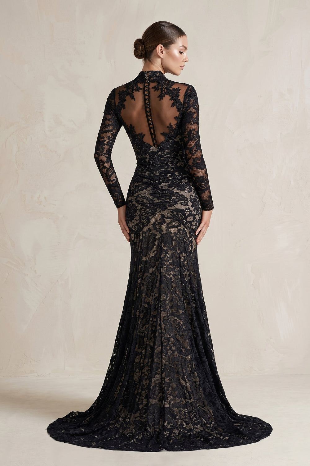 High - Neck Lace Mermaid Wedding Dress With Sleeves in Black - KISS BRIDAL Wedding Dresses