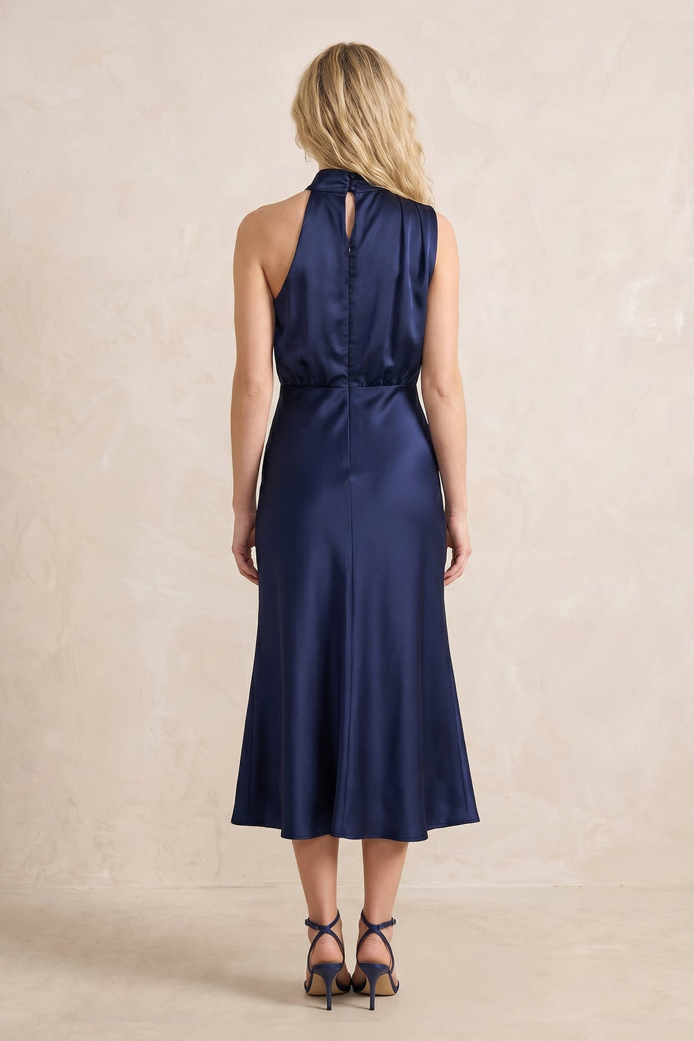 High Neck Satin Mermaid Midi Dress in Dark Navy– KISS BRIDAL Dresses