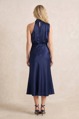 High Neck Satin Mermaid Midi Dress in Dark Navy– SHE IS ME Dresses