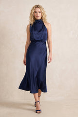 High Neck Satin Mermaid Midi Dress in Dark Navy– KISS BRIDAL Dresses