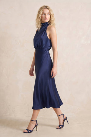 High Neck Satin Mermaid Midi Dress in Dark Navy– SHE IS ME Dresses