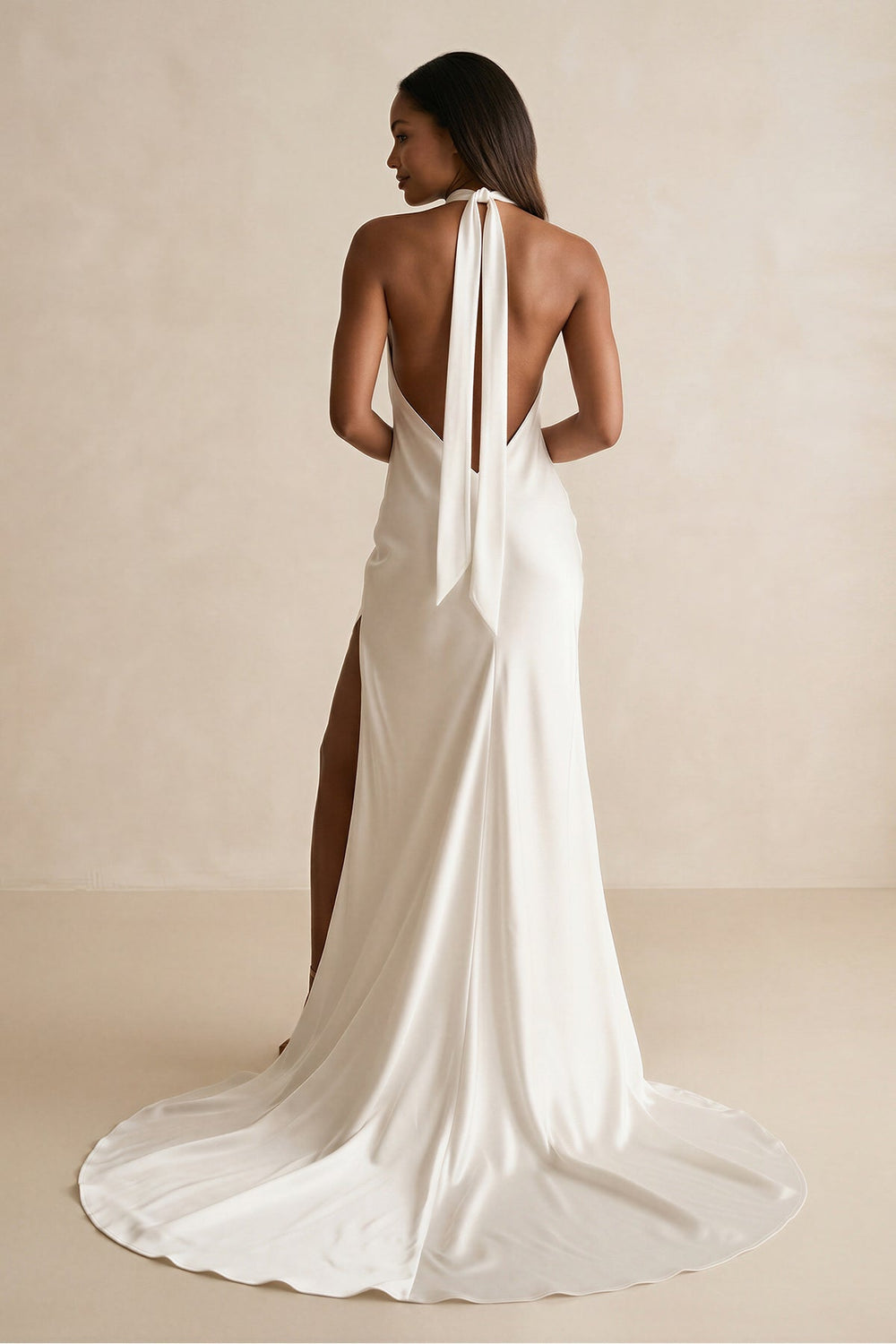 High - Neck Satin Mermaid Wedding Dress with Slit in Ivory - KISS BRIDAL Wedding Dresses
