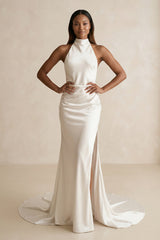 High - Neck Satin Mermaid Wedding Dress with Slit in Ivory - KISS BRIDAL Wedding Dresses