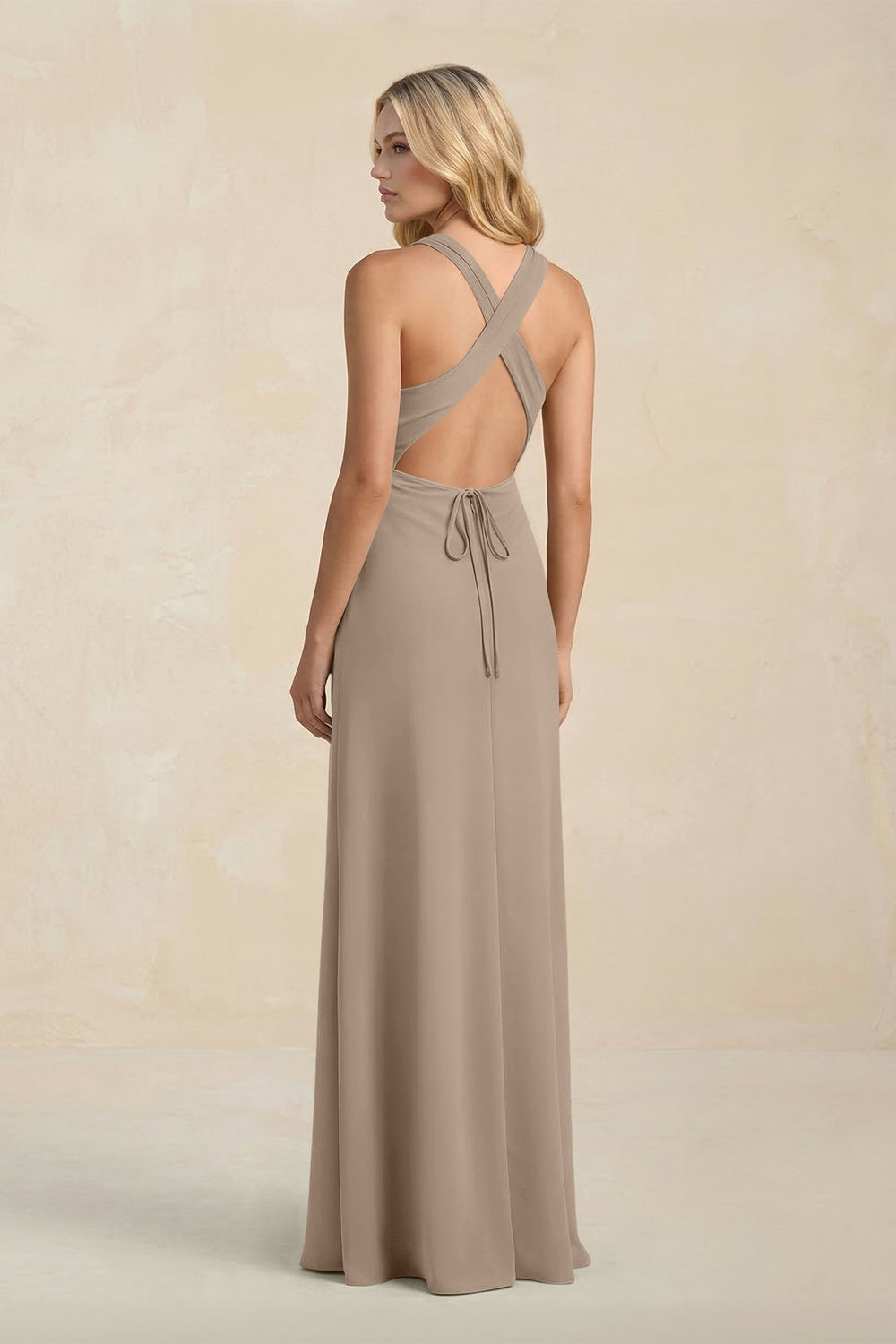 High Neck Sheath Chiffon Bridesmaid Dress in Almond