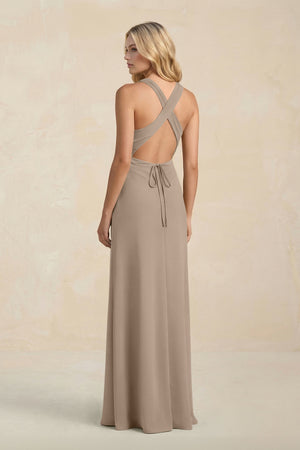 High Neck Sheath Chiffon Bridesmaid Dress in Almond (2) | KISSBRIDAL