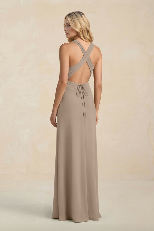High Neck Sheath Chiffon Bridesmaid Dress in Almond (2) | KISSBRIDAL