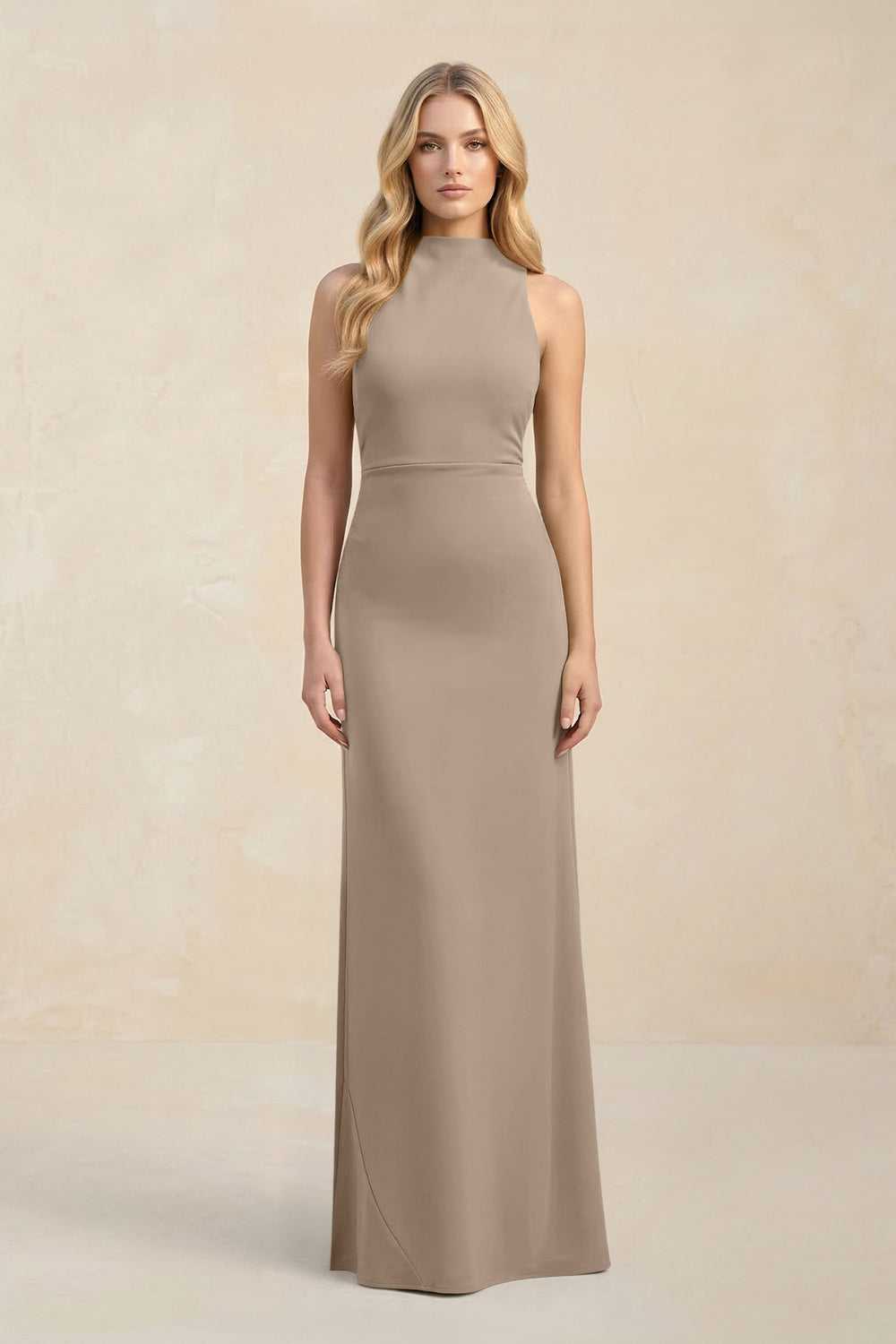 High Neck Sheath Chiffon Bridesmaid Dress in Almond