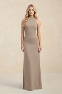 High Neck Sheath Chiffon Bridesmaid Dress in Almond | KISSBRIDAL
