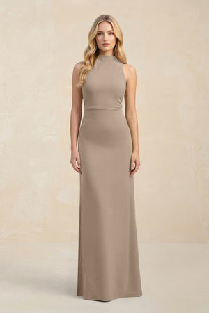 High Neck Sheath Chiffon Bridesmaid Dress in Almond | KISSBRIDAL