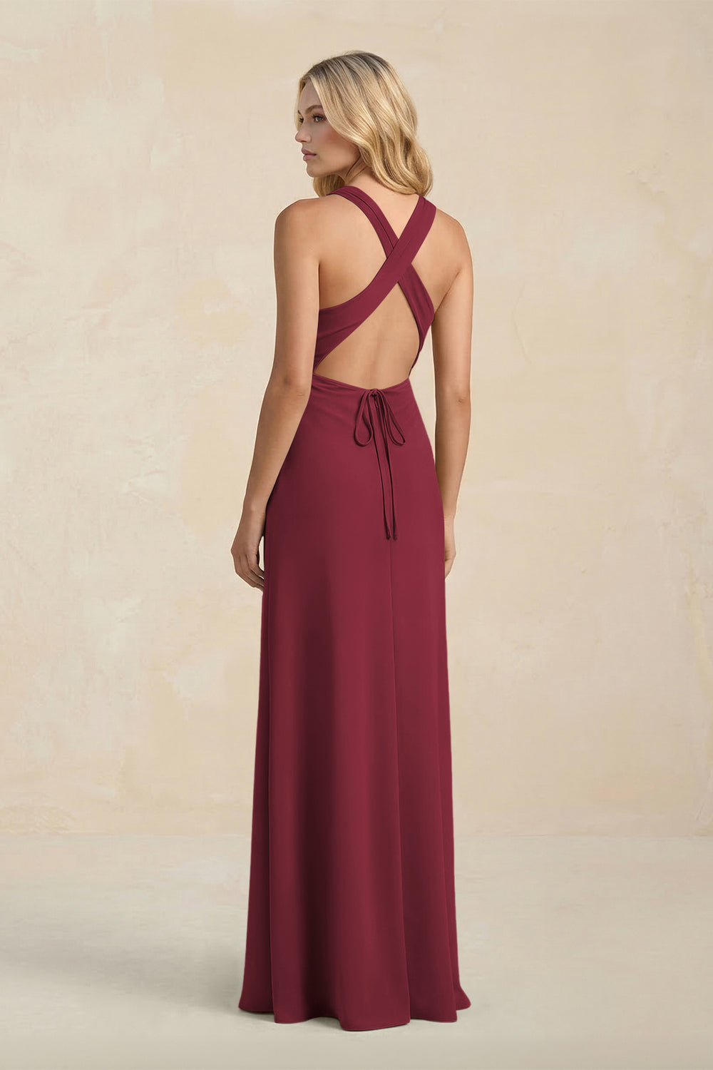 High Neck Sheath Chiffon Bridesmaid Dress in Berry