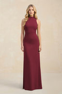 High Neck Sheath Chiffon Bridesmaid Dress in Berry | KISSBRIDAL