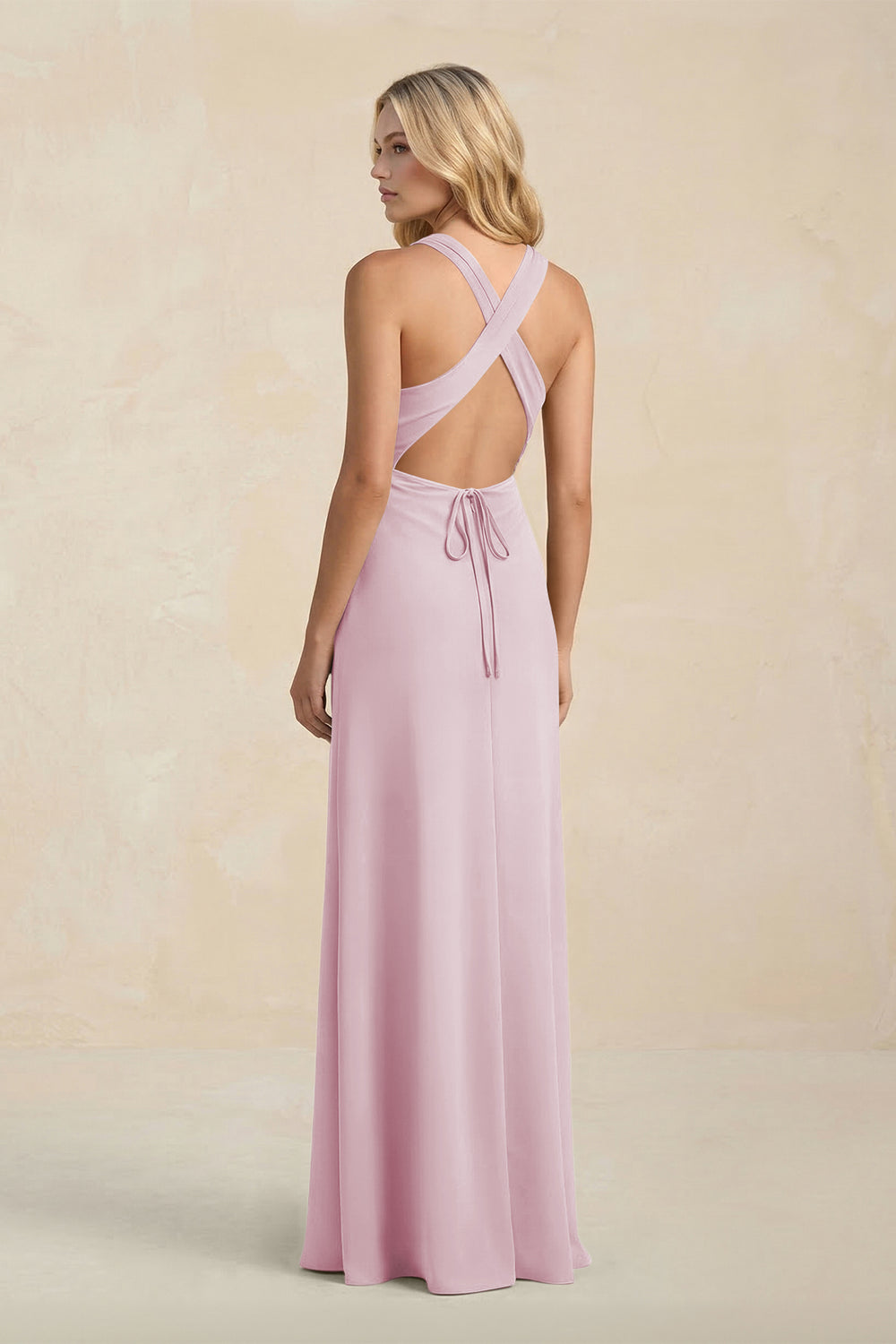 High Neck Sheath Chiffon Bridesmaid Dress in Candy Pink