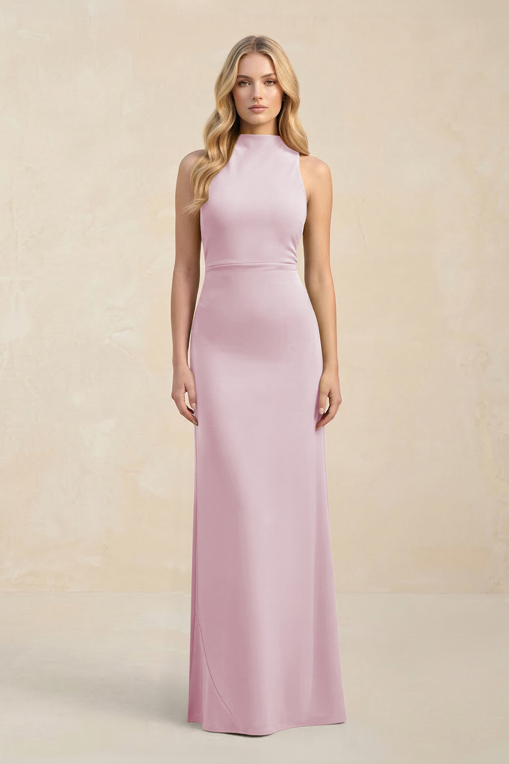 High Neck Sheath Chiffon Bridesmaid Dress in Candy Pink