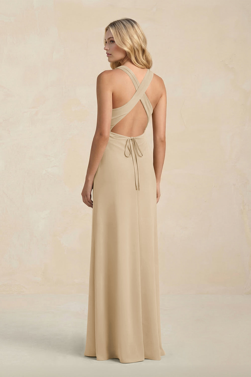 High Neck Sheath Chiffon Bridesmaid Dress in Champagne
