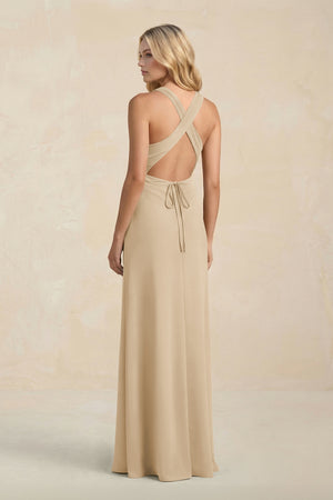 High Neck Sheath Chiffon Bridesmaid Dress in Champagne (2) | KISSBRIDAL