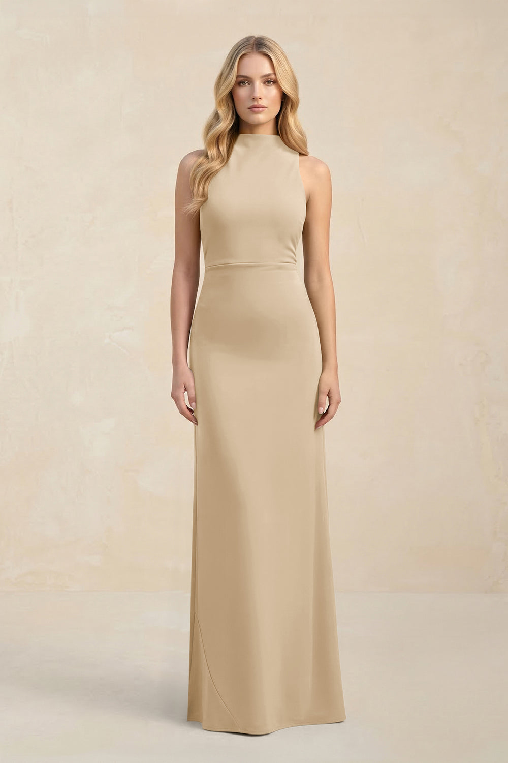 High Neck Sheath Chiffon Bridesmaid Dress in Champagne