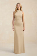 High Neck Sheath Chiffon Bridesmaid Dress in Champagne | KISSBRIDAL