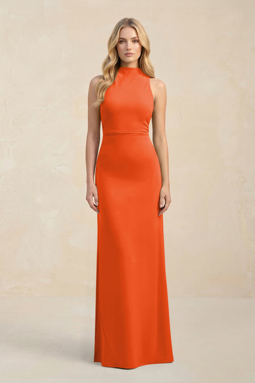 High Neck Sheath Chiffon Bridesmaid Dress in Cinnamon | KISSBRIDAL