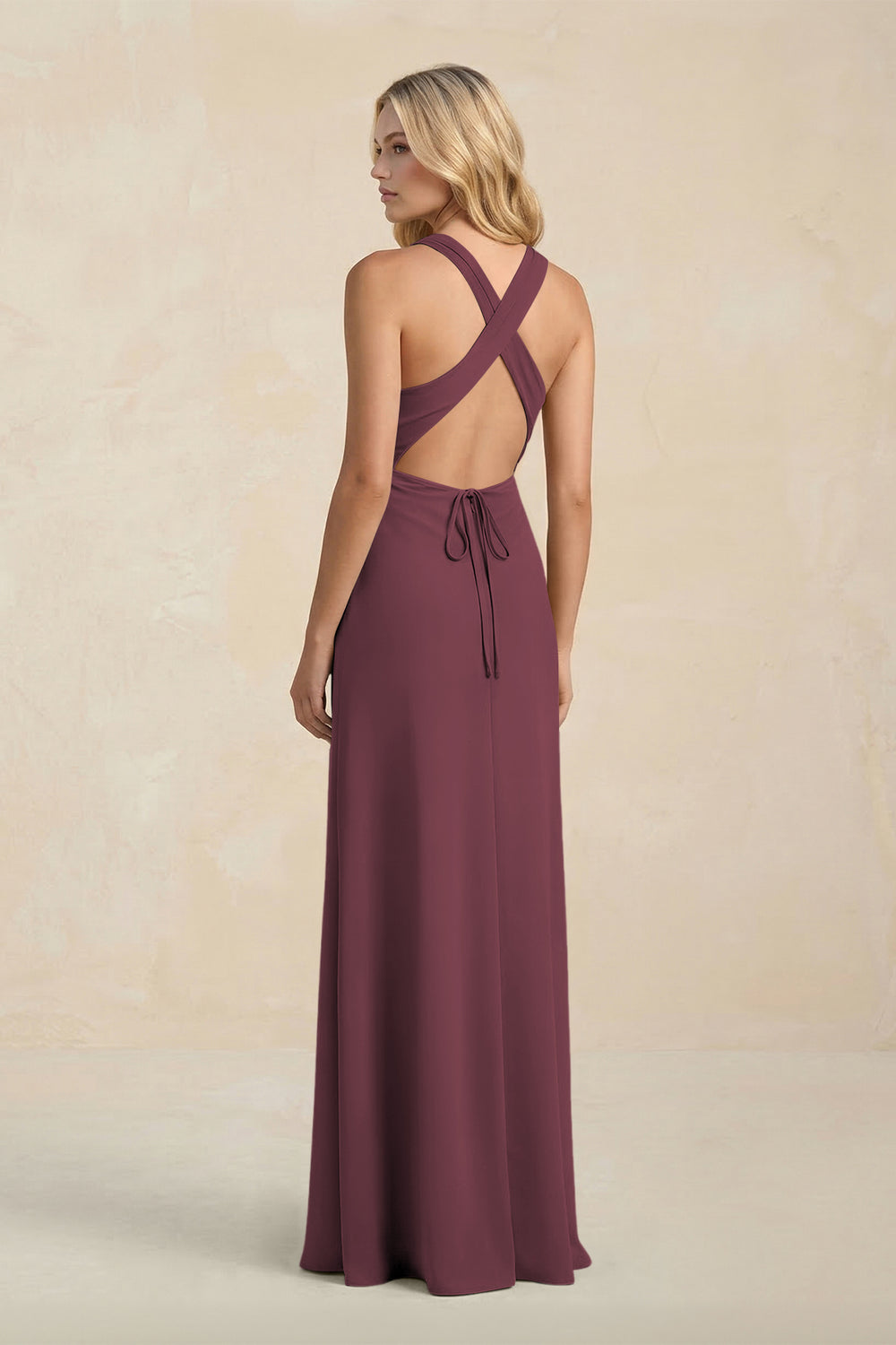 High Neck Sheath Chiffon Bridesmaid Dress in Desert Rose