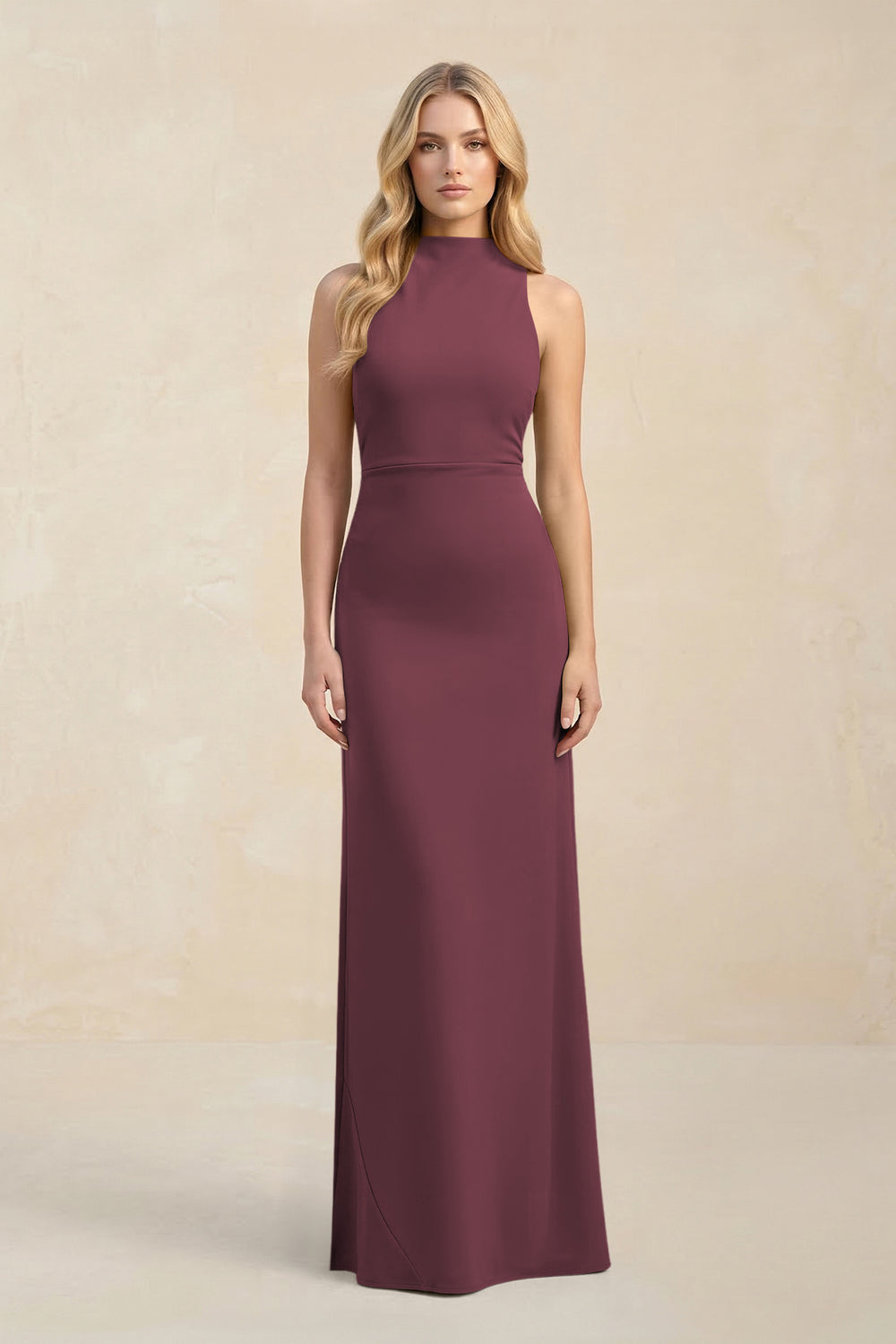 High Neck Sheath Chiffon Bridesmaid Dress in Desert Rose
