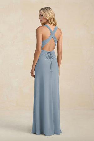 High Neck Sheath Chiffon Bridesmaid Dress in Dusty Blue (2) | KISSBRIDAL