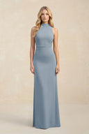 High Neck Sheath Chiffon Bridesmaid Dress in Dusty Blue | KISSBRIDAL