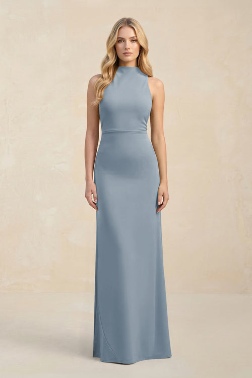 High Neck Sheath Chiffon Bridesmaid Dress in Dusty Blue | KISSBRIDAL