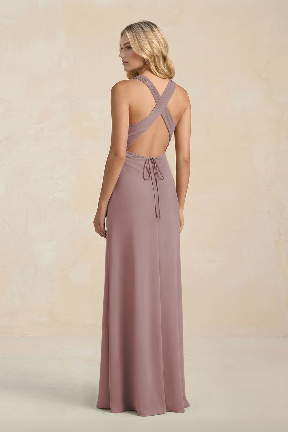 High Neck Sheath Chiffon Bridesmaid Dress in Dusty Rose