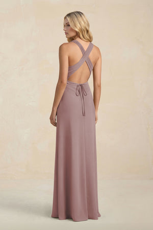 High Neck Sheath Chiffon Bridesmaid Dress in Dusty Rose (2) | KISSBRIDAL